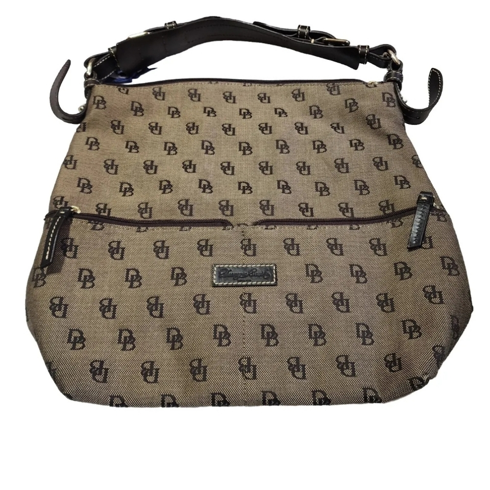 Dooney & Bourke Handbag Purse Brown Signature Canvas Leather Trim Hobo EUC